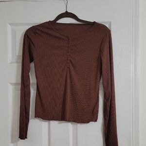 SHEIN Brown Ribbed Long Sleeve Henley Top